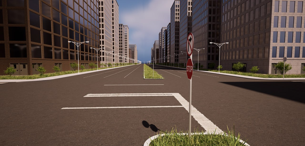 Realistic 3D scene of an urban intersection with a pedestrian crossing