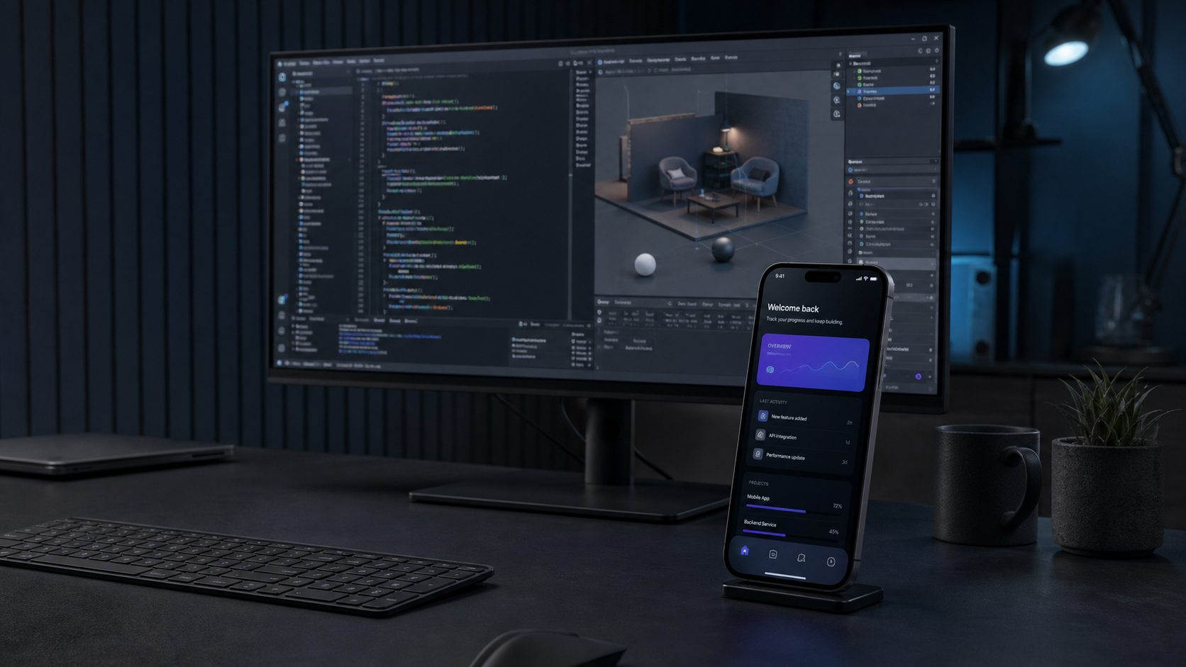 Mobile developer workspace with an app and a 3D environment